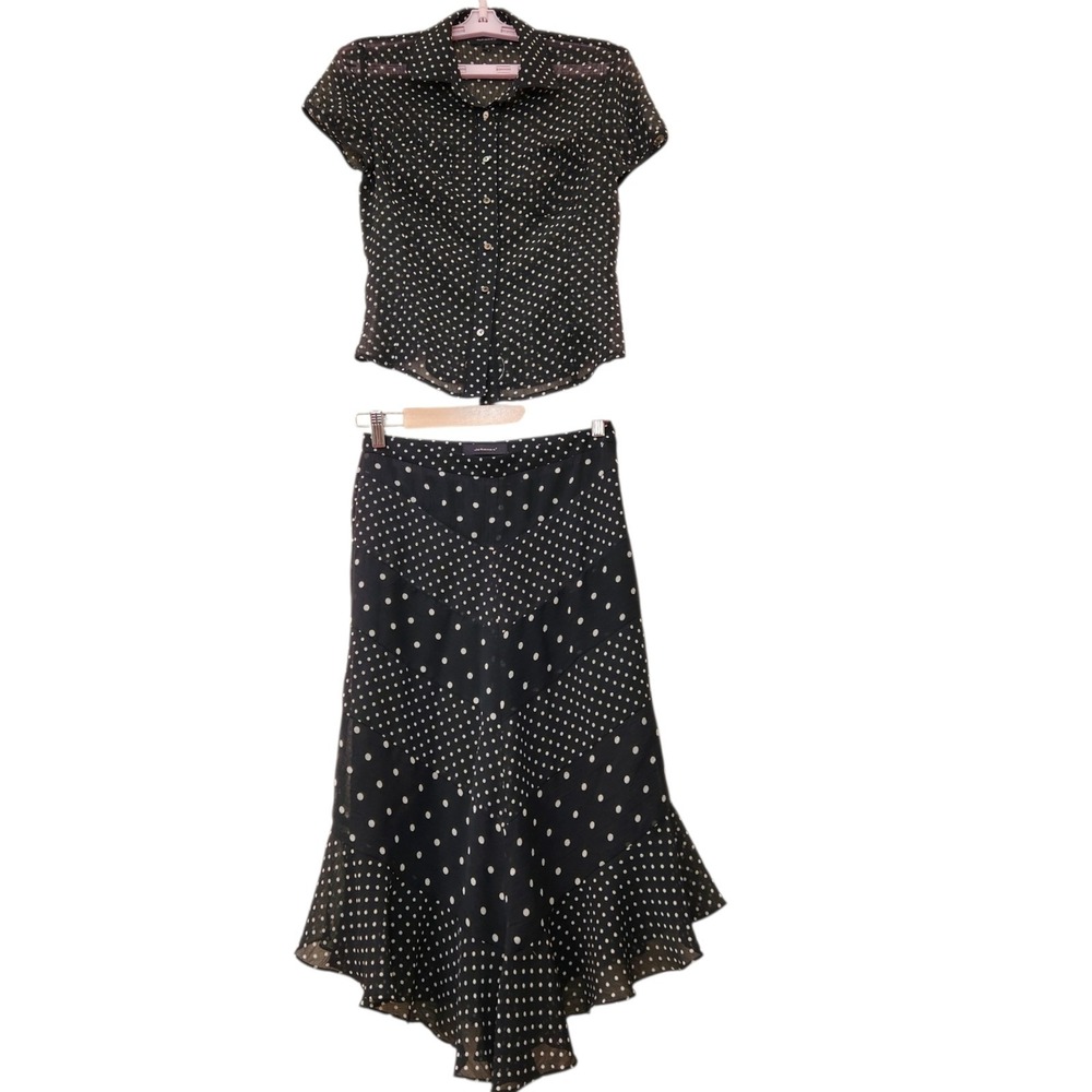 Y2K Vintage Johanex Size Small Polka Dot Chiffon Blouse Skirt Set Asymmetrical